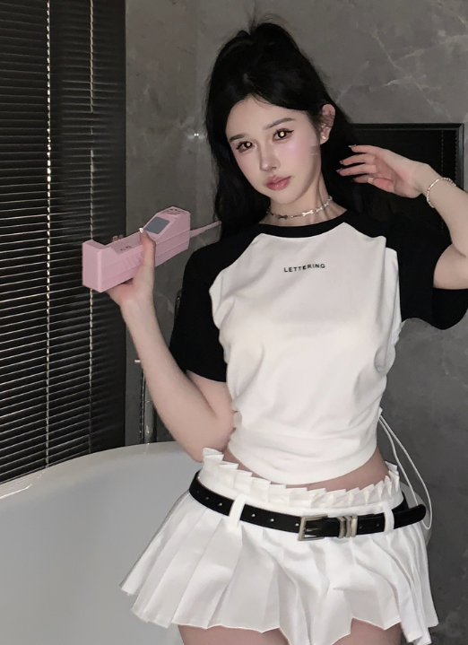 X483 ใหม่ shot raglan sleeve letter เสื้อยืดผู้หญิง