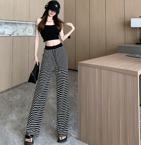 X321 spot loose striped wide-leg trousers waist contrast color drawstring spring and summer trousers