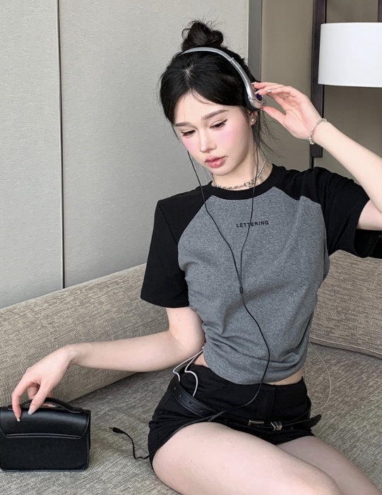 X483 ใหม่ shot raglan sleeve letter เสื้อยืดผู้หญิง
