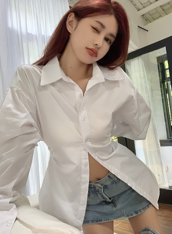 X371 ดีไซน์เสื้อเชิ้ตแขนยาวคอปกเอวบางจับจีบช่วงบนยาวปานกลาง