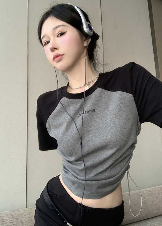 X483 ใหม่ shot raglan sleeve letter เสื้อยืดผู้หญิง