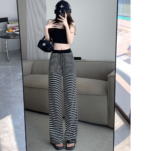 X321 spot loose striped wide-leg trousers waist contrast color drawstring spring and summer trousers