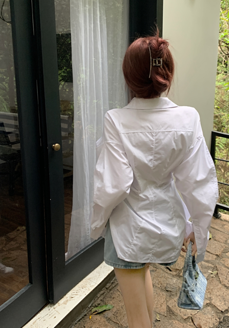 X371 ดีไซน์เสื้อเชิ้ตแขนยาวคอปกเอวบางจับจีบช่วงบนยาวปานกลาง
