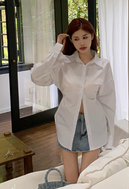 X371 ดีไซน์เสื้อเชิ้ตแขนยาวคอปกเอวบางจับจีบช่วงบนยาวปานกลาง