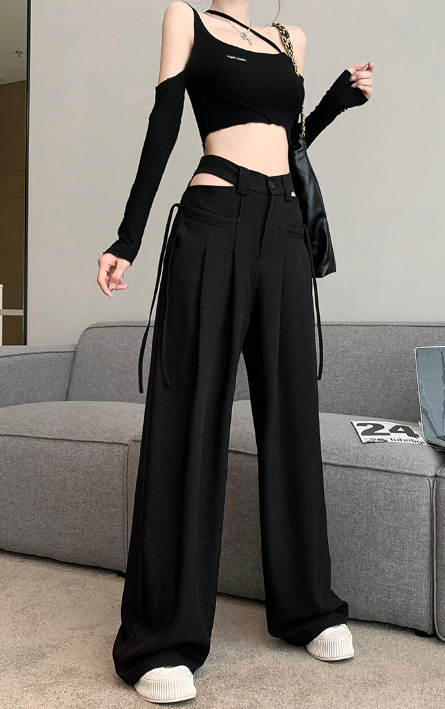X327 New high-waist hollow wide-leg suit pants loose drape long-leg straight-leg mopping pants