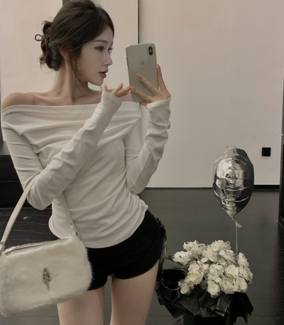X147 เสื้อสเวตเตอร์คอปกแขนยาวผู้หญิงหนึ่งไหล่เสื้อยืดด้านบน
