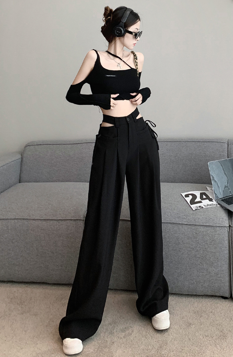 X327 New high-waist hollow wide-leg suit pants loose drape long-leg straight-leg mopping pants