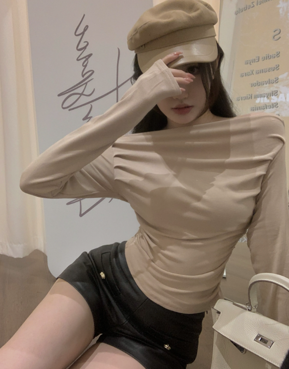 X147 เสื้อสเวตเตอร์คอปกแขนยาวผู้หญิงหนึ่งไหล่เสื้อยืดด้านบน