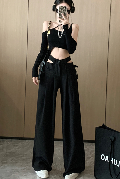 X327 New high-waist hollow wide-leg suit pants loose drape long-leg straight-leg mopping pants