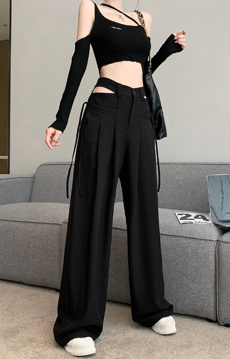 X327 New high-waist hollow wide-leg suit pants loose drape long-leg straight-leg mopping pants