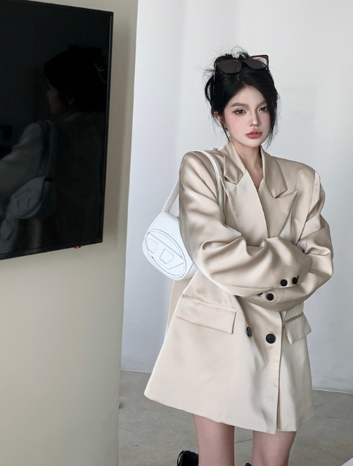 X485 เสื้อสูทผ้าซาตินสีมุกใหม่แผ่นรองไหล่ผู้หญิงด้านบนหลวม