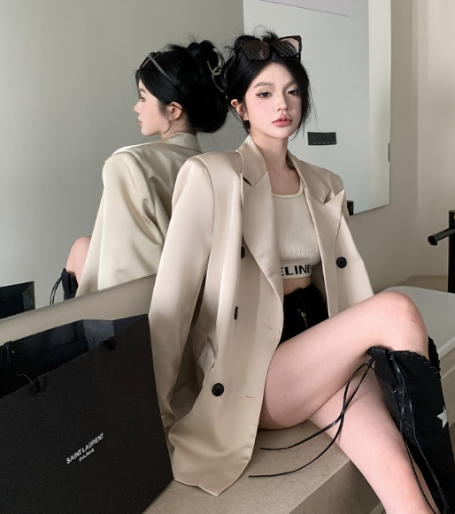 X485 เสื้อสูทผ้าซาตินสีมุกใหม่แผ่นรองไหล่ผู้หญิงด้านบนหลวม