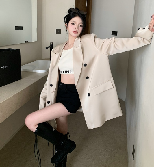 X485 เสื้อสูทผ้าซาตินสีมุกใหม่แผ่นรองไหล่ผู้หญิงด้านบนหลวม