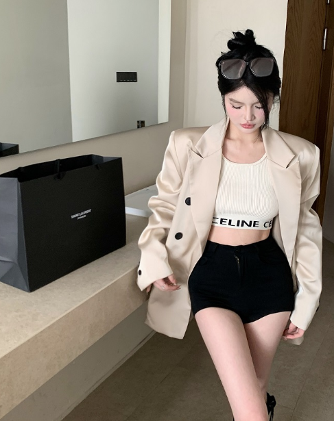 X485 เสื้อสูทผ้าซาตินสีมุกใหม่แผ่นรองไหล่ผู้หญิงด้านบนหลวม