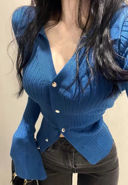 X150 Blue v-neck lapel knitted cardigan women's spring