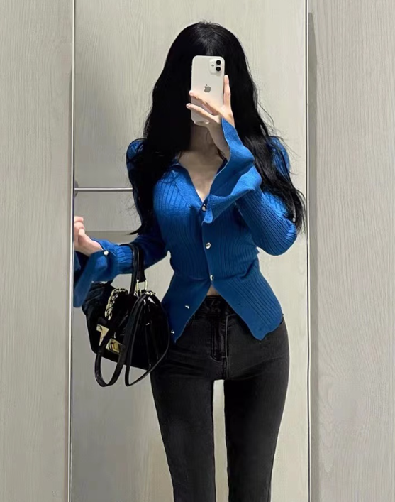 X150 Blue v-neck lapel knitted cardigan women's spring