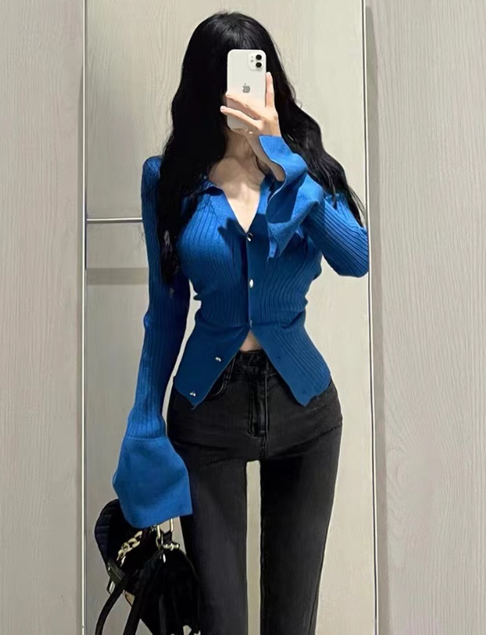 X150 Blue v-neck lapel knitted cardigan women's spring