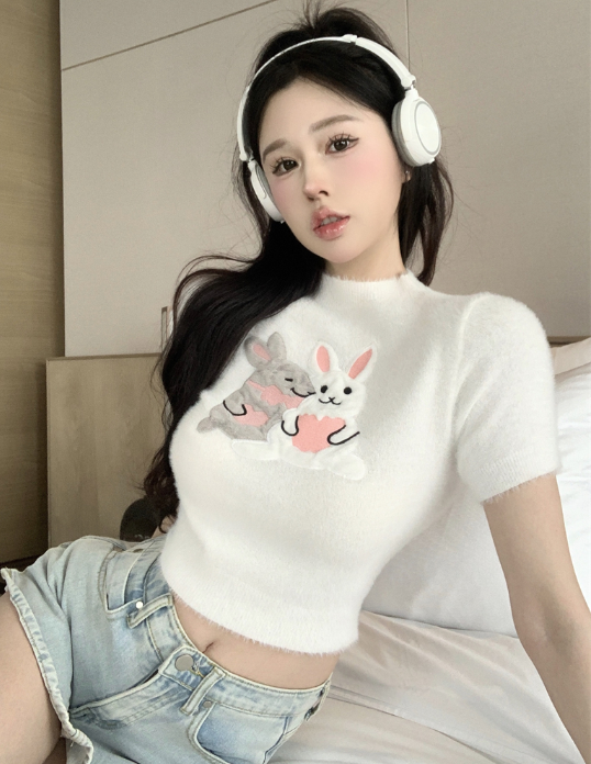 X436 ตุ๊กตากระต่ายพิมพ์คอกลมแขนสั้นถักบางแขนสั้นแขนสั้นด้านบน