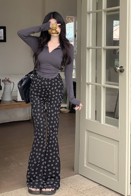 X346 design sense all-match long-sleeved T-shirt smiley face print stretch casual bell-bottom pants