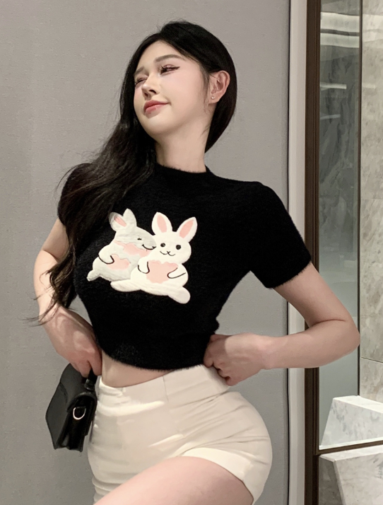 X436 ตุ๊กตากระต่ายพิมพ์คอกลมแขนสั้นถักบางแขนสั้นแขนสั้นด้านบน