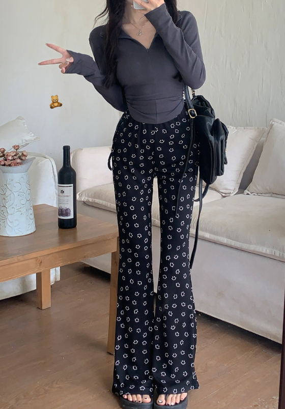 X346 design sense all-match long-sleeved T-shirt smiley face print stretch casual bell-bottom pants
