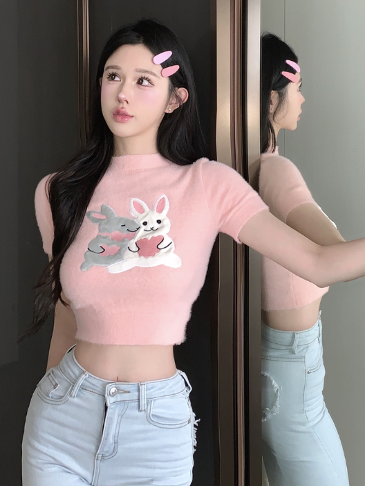 X436 ตุ๊กตากระต่ายพิมพ์คอกลมแขนสั้นถักบางแขนสั้นแขนสั้นด้านบน