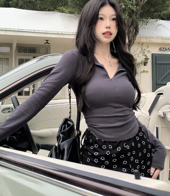 X346 design sense all-match long-sleeved T-shirt smiley face print stretch casual bell-bottom pants