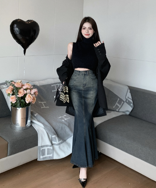 X246 เสื้อกั๊กแขนกุดถักคอปก + กระโปรงยีนส์ กระโปรงยาว กระโปรงยีนส์ยาวปานกลาง