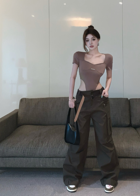 X151 เสื้อยืดจั๊มสูทใหม่ + เข็มขัดหลวมทำงาน