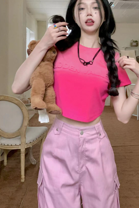 X489 เสื้อตัวสั้นมัดย้อมตัวอักษรแขนสั้น