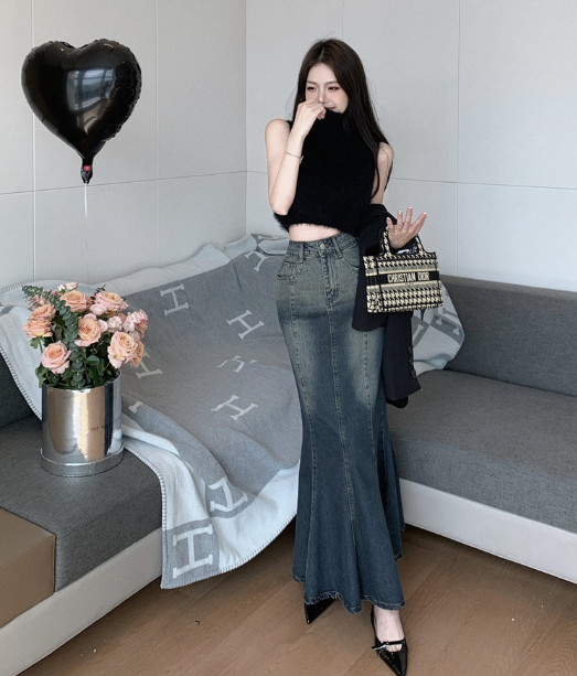 X246 เสื้อกั๊กแขนกุดถักคอปก + กระโปรงยีนส์ กระโปรงยาว กระโปรงยีนส์ยาวปานกลาง