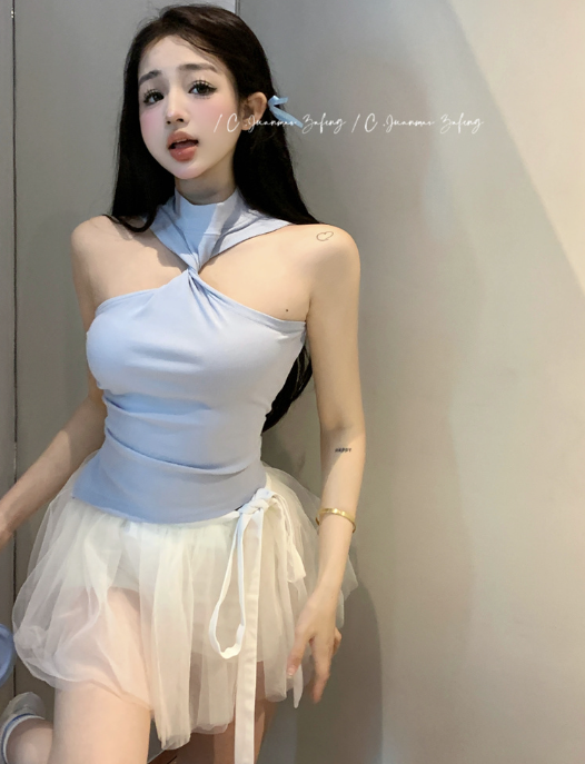 X439 เสื้อชั้นในสตรีคอกลมแบบแขวนลมบริสุทธิ์พร้อมความรู้สึกการออกแบบของกระโปรงบัลเลต์ขนปุยด้านบนสุดหวาน