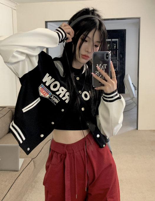 X491 ฤดูใบไม้ร่วงแจ็คเก็ตเบสบอลใหม่ของผู้หญิงฤดูใบไม้ผลิและฤดูใบไม้ร่วงที่ตัดกันสี