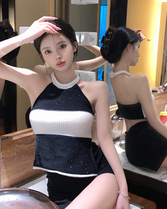 X351 Pure Desire เสื้อกั๊กถักคอแขวนฤดูร้อนสไตล์สั้นเปลือยหลังสวมใส่ด้านใน