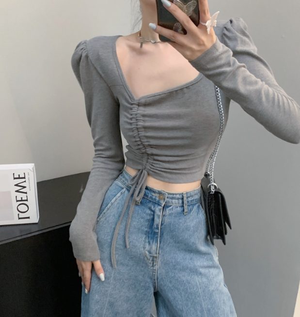 X125 เสื้อยืดแขนยาวแบบมีเชือกรูดคอวีพร้อมเสื้อตัวสั้น