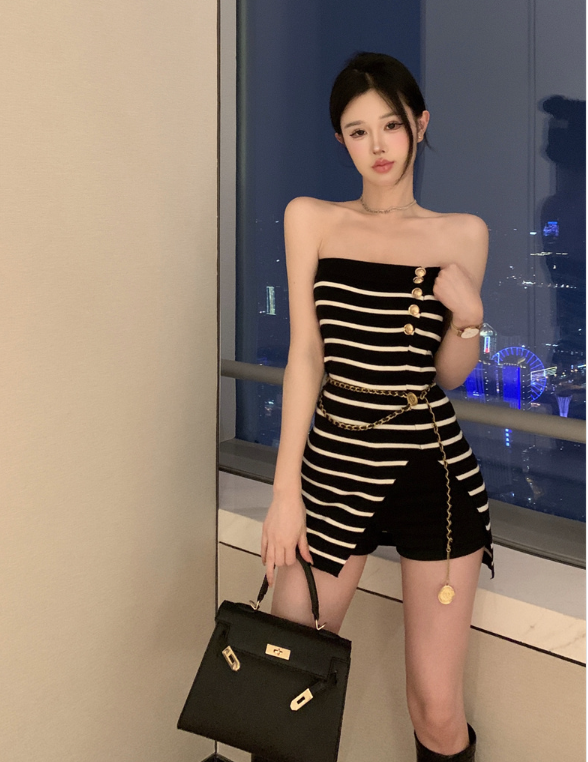 X580 Striped tube top slim fit slit knitted top ลุคเกาพอกสไตส์สวยอัพเดทใหม่