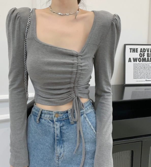 X125 เสื้อยืดแขนยาวแบบมีเชือกรูดคอวีพร้อมเสื้อตัวสั้น