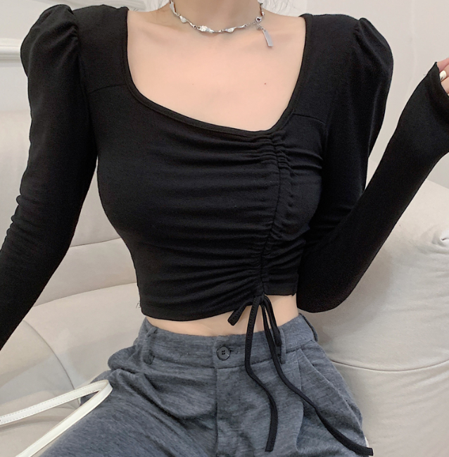X125 เสื้อยืดแขนยาวแบบมีเชือกรูดคอวีพร้อมเสื้อตัวสั้น