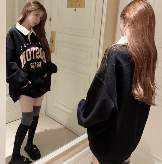 X442 ฤดูหนาวสไตล์ขี้เกียจใหม่สไตล์โปโลคอปกพิมพ์หลวมเสื้อสเวตเตอร์รุ่นใหญ่
