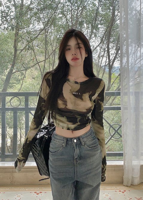 X496 เสื้อยืดคอกลมพิมพ์ลายไม่สม่ำเสมอบุคลิกภาพสลิมแขนสั้นเสื้อแขนยาว