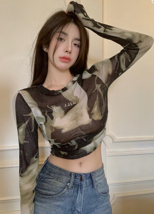X496 เสื้อยืดคอกลมพิมพ์ลายไม่สม่ำเสมอบุคลิกภาพสลิมแขนสั้นเสื้อแขนยาว