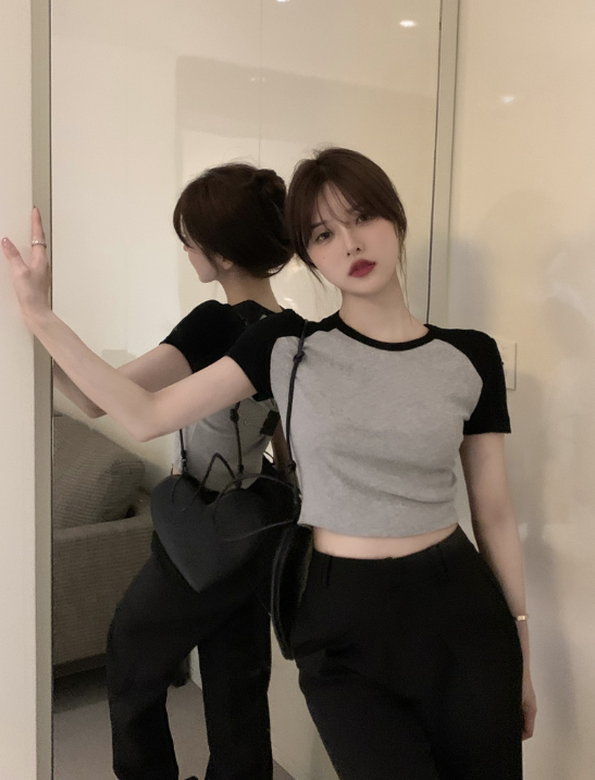 X444 เสื้อยืดแขนสั้นผู้หญิงเอวสูง