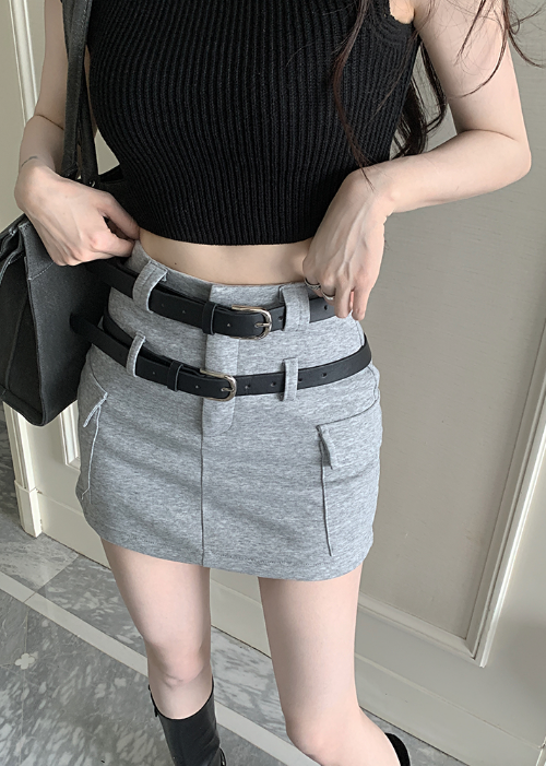X498 New crop top + design sense niche high-waist double belt cargo skirt woman
