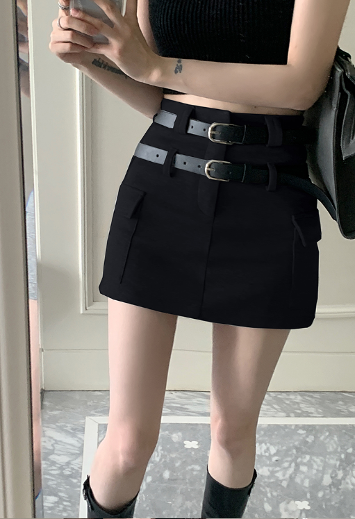 X498 New crop top + design sense niche high-waist double belt cargo skirt woman