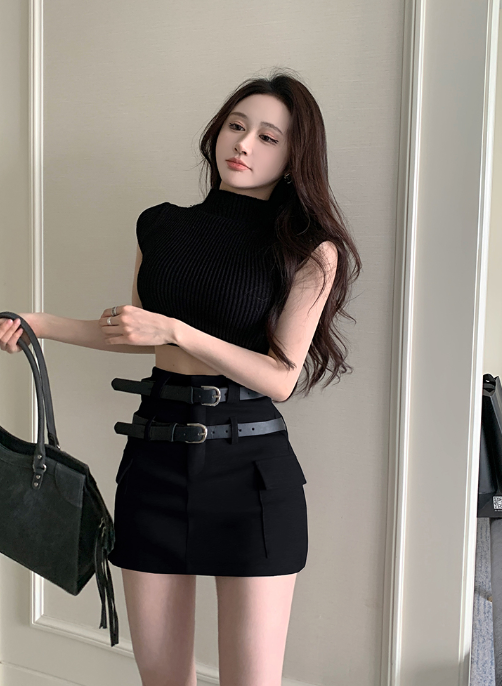 X498 New crop top + design sense niche high-waist double belt cargo skirt woman