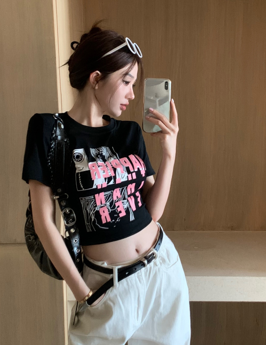 X502 เสื้อยืดแขนสั้นพิมพ์ลายตัวอักษรฤดูใบไม้ผลิและฤดูร้อนของผู้หญิง