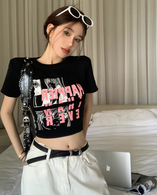 X502 เสื้อยืดแขนสั้นพิมพ์ลายตัวอักษรฤดูใบไม้ผลิและฤดูร้อนของผู้หญิง