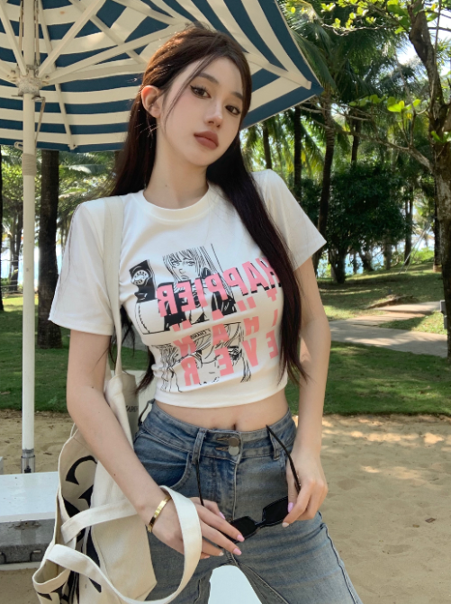 X502 เสื้อยืดแขนสั้นพิมพ์ลายตัวอักษรฤดูใบไม้ผลิและฤดูร้อนของผู้หญิง