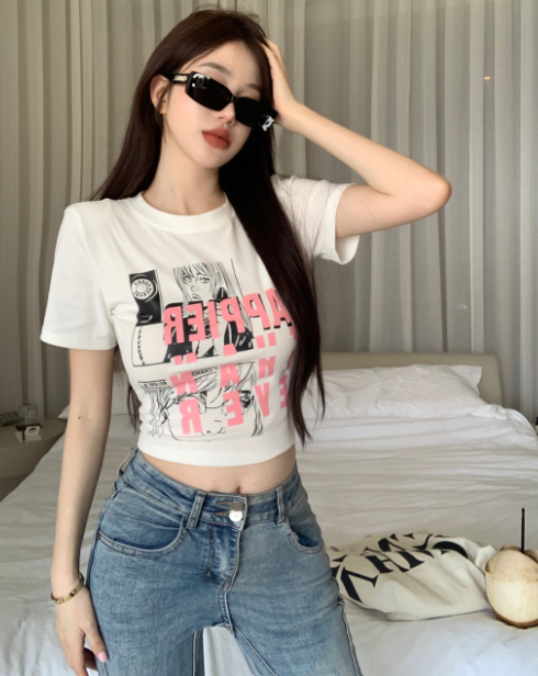 X502 เสื้อยืดแขนสั้นพิมพ์ลายตัวอักษรฤดูใบไม้ผลิและฤดูร้อนของผู้หญิง