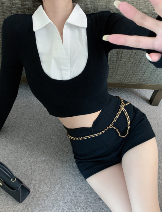 X457 Shot เสื้อถักแขนยาว Spring Short Slim Thin Top